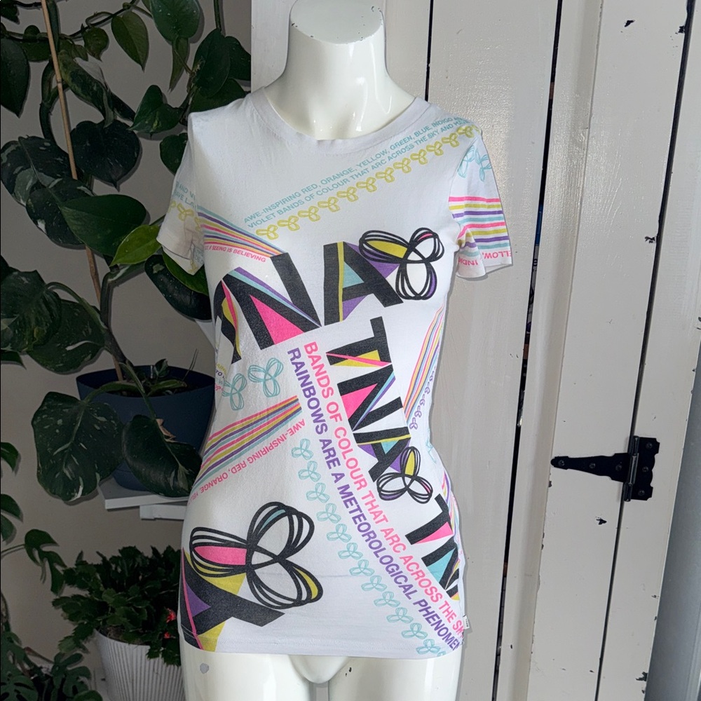 Y2K TNA White Short Sleeve Tee with Multicolor neon Rainbow Graphic